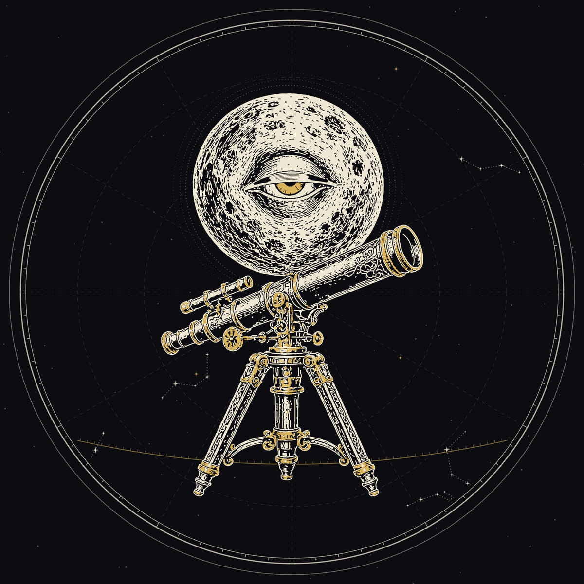 The First Sightings: an engraved telescope and a watching moon inside a star-chart circle, bone and moon-gold on near-black