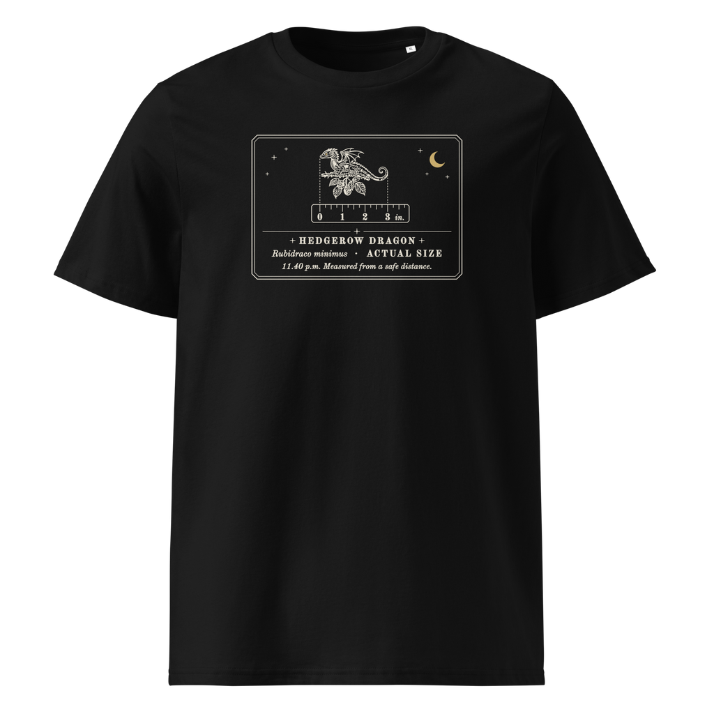 Hedgerow Dragon (Actual Size) tee in Black, front view, engraved tiny dragon on a bramble twig at centre chest