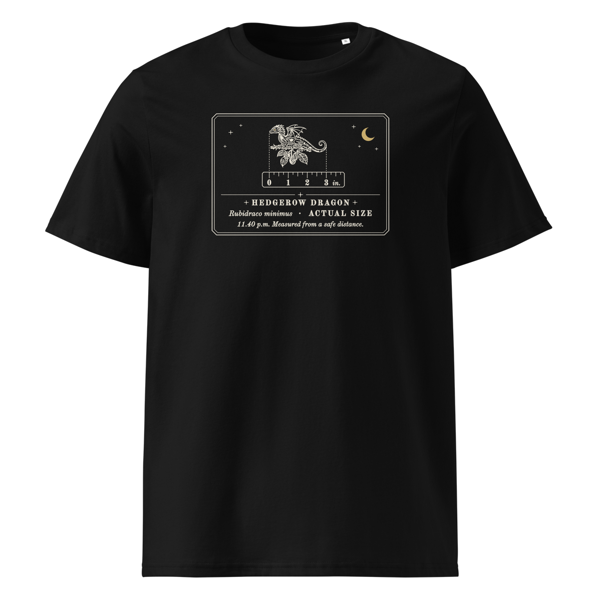 Hedgerow Dragon (Actual Size) tee in Black, front view, engraved tiny dragon on a bramble twig at centre chest