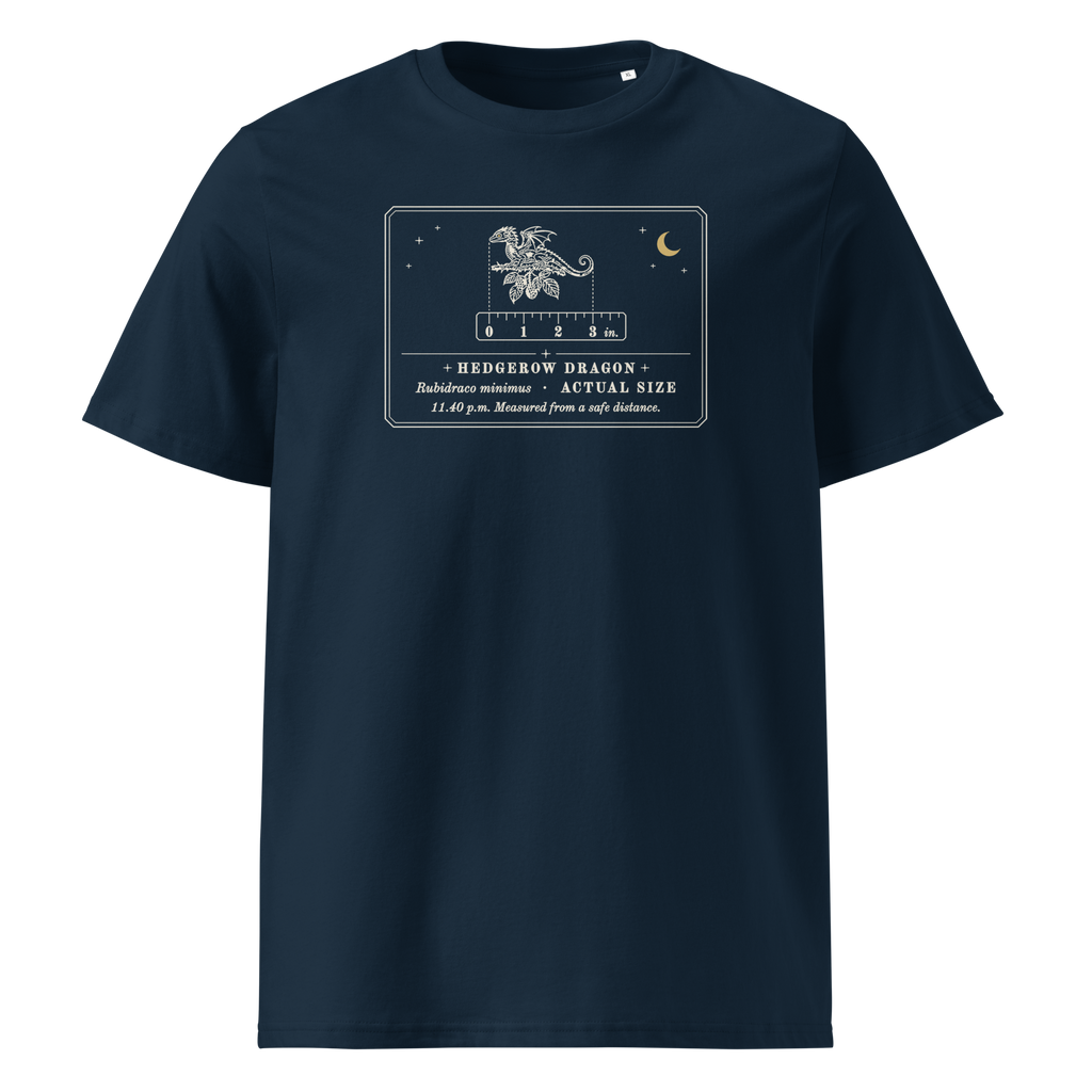 Hedgerow Dragon (Actual Size) tee in French Navy, front view, engraved tiny dragon on a bramble twig at centre chest