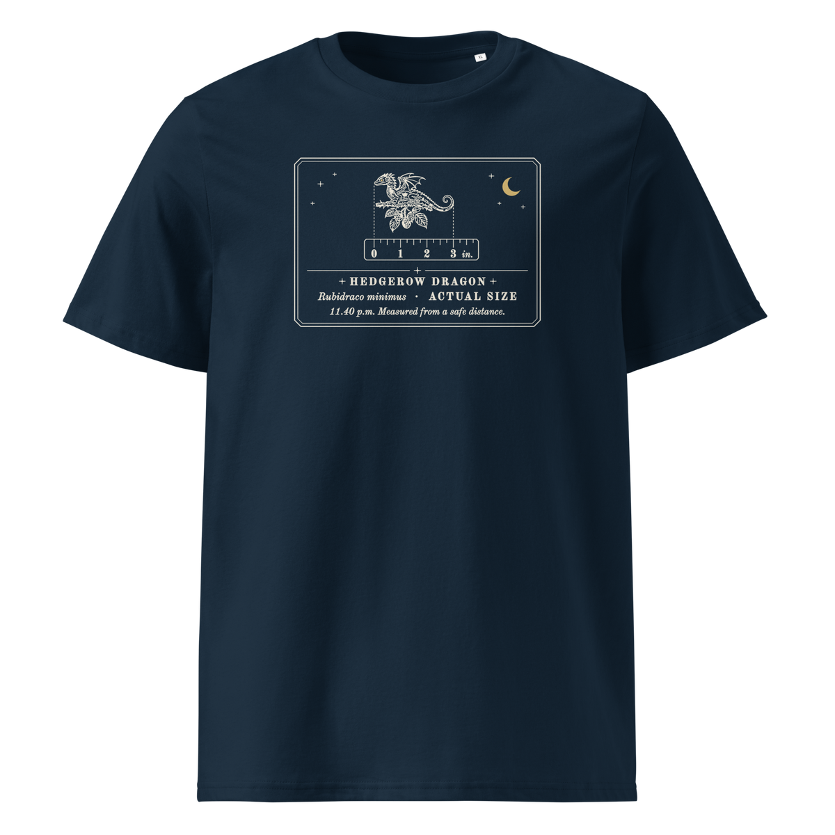 Hedgerow Dragon (Actual Size) tee in French Navy, front view, engraved tiny dragon on a bramble twig at centre chest