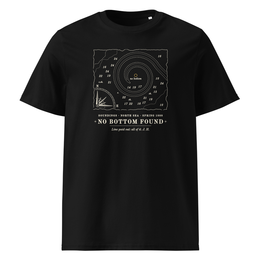 No Bottom Found tee in Black, front view, the chart fragment and gold no-bottom mark at centre chest