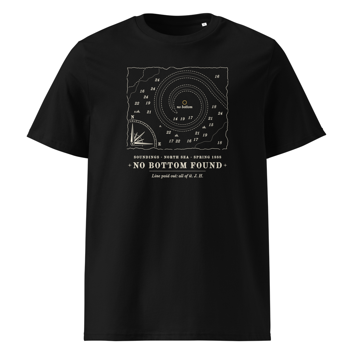 No Bottom Found tee in Black, front view, the chart fragment and gold no-bottom mark at centre chest
