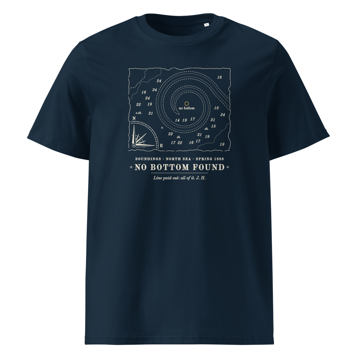No Bottom Found tee in French Navy, front view, the chart fragment and gold no-bottom mark at centre chest