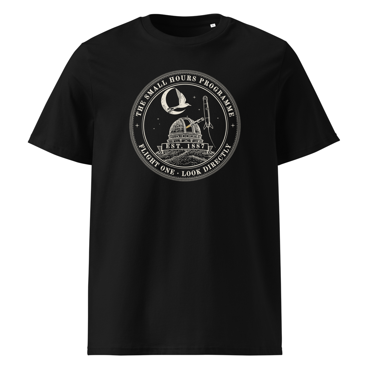 Small Hours Programme, Flight One tee in Black, front view, the round stitched patch at centre chest