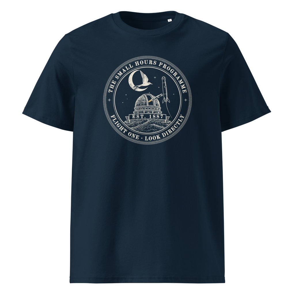 Small Hours Programme, Flight One tee in French Navy, front view, the round stitched patch at centre chest