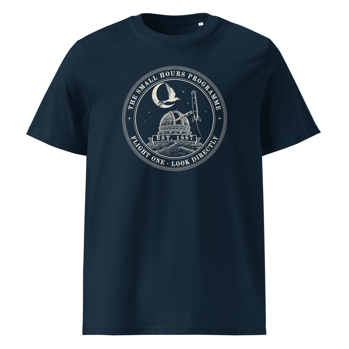 Small Hours Programme, Flight One tee in French Navy, front view, the round stitched patch at centre chest