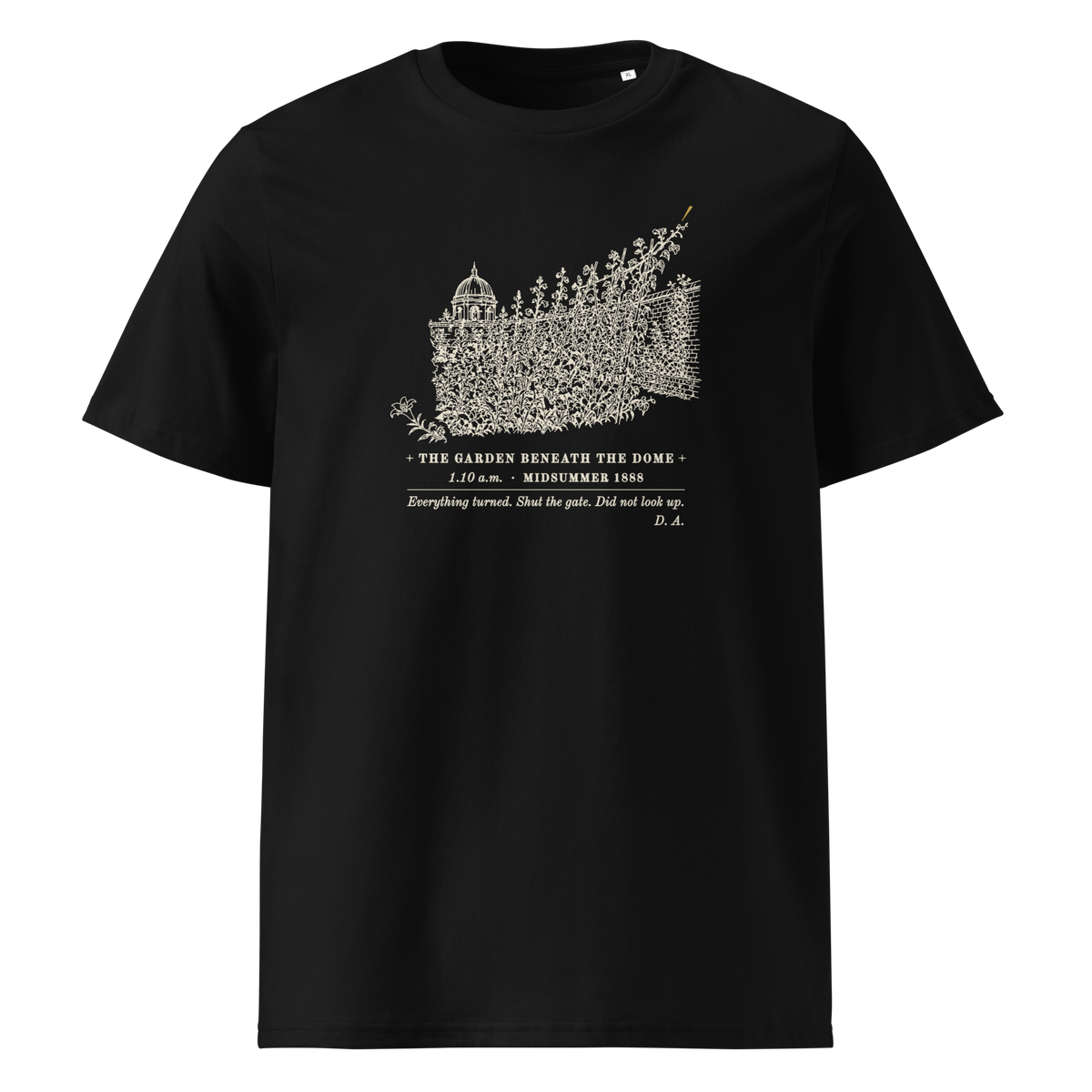 The Turn, Ten Past One tee in Black, front view, the leaning garden and gold ray at centre chest