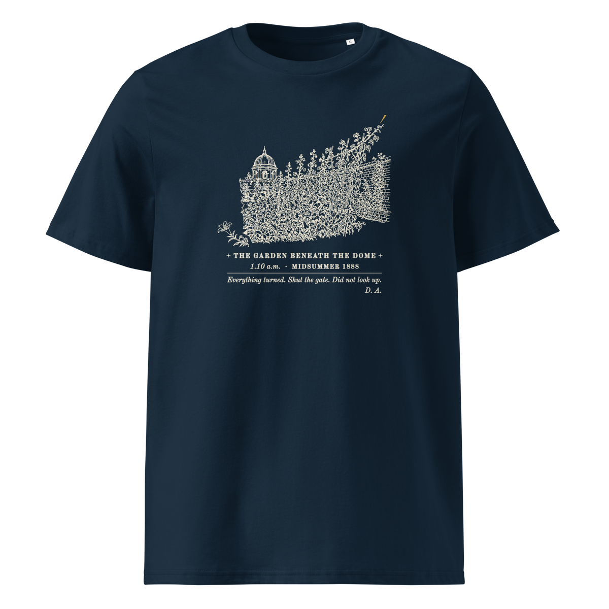 The Turn, Ten Past One tee in French Navy, front view, the leaning garden and gold ray at centre chest