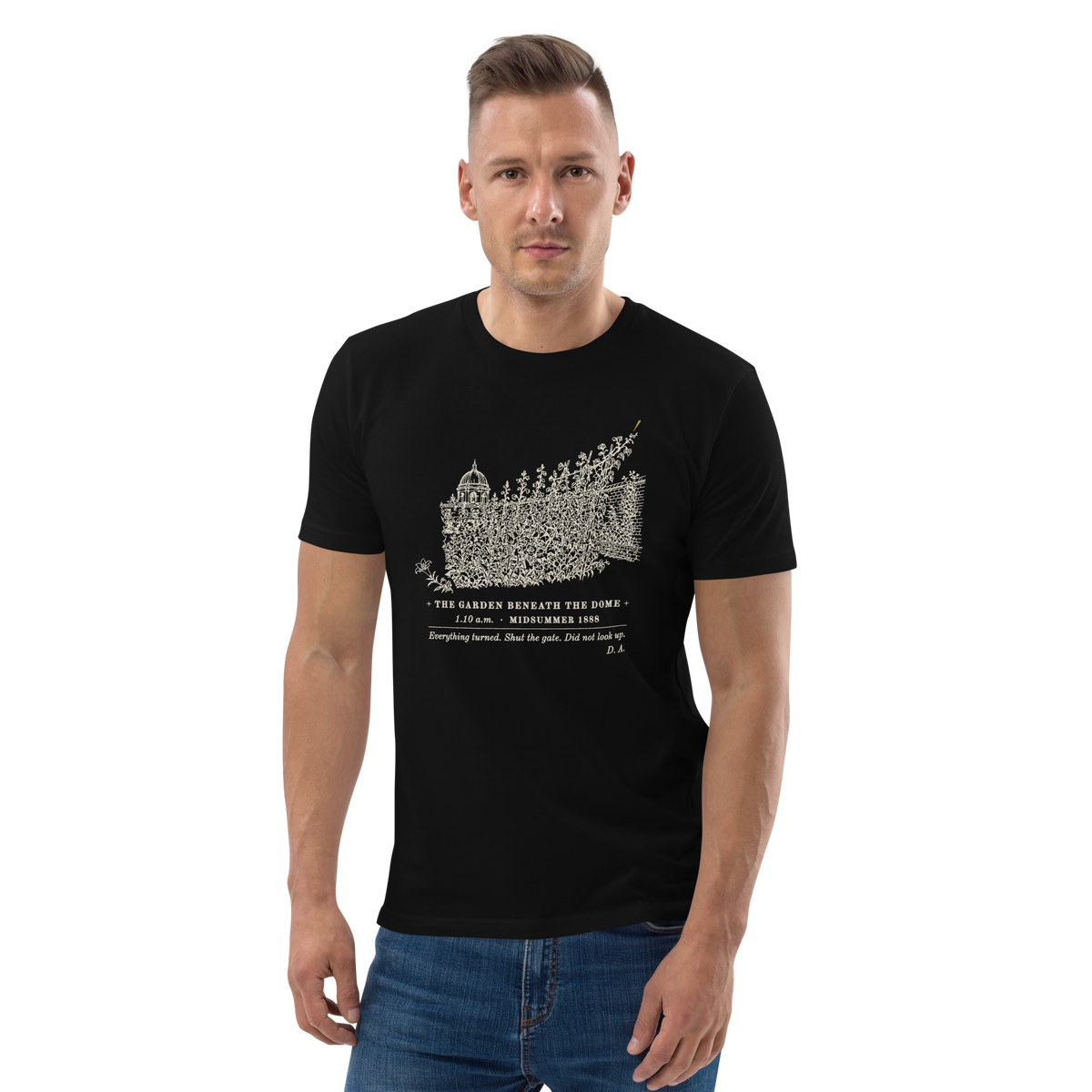 Model wearing The Turn, Ten Past One tee in Black, the leaning garden and gold ray at centre chest