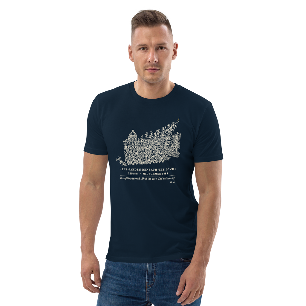 Model wearing The Turn, Ten Past One tee in French Navy, the leaning garden and gold ray at centre chest