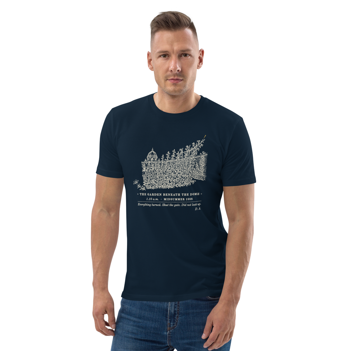 Model wearing The Turn, Ten Past One tee in French Navy, the leaning garden and gold ray at centre chest