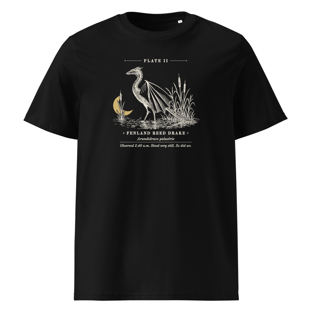 Fenland Reed Drake tee in Black, front view, engraved winged reed drake wading in the reeds at centre chest