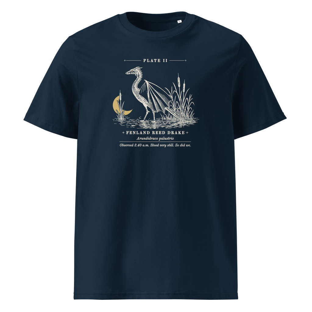 Fenland Reed Drake tee in French Navy, front view, engraved winged reed drake wading in the reeds at centre chest