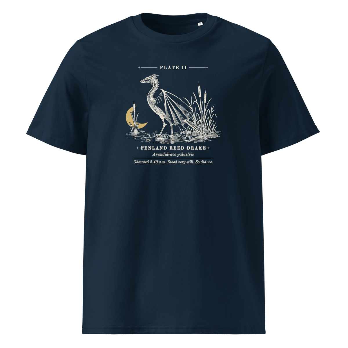 Fenland Reed Drake tee in French Navy, front view, engraved winged reed drake wading in the reeds at centre chest
