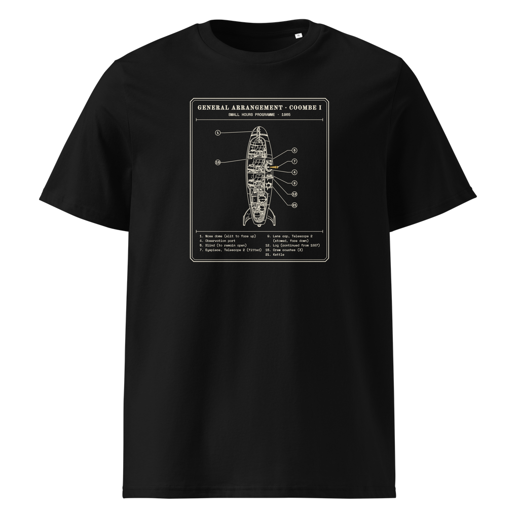General Arrangement, Coombe I tee in Black, front view, the rocket cutaway and typed key at centre chest