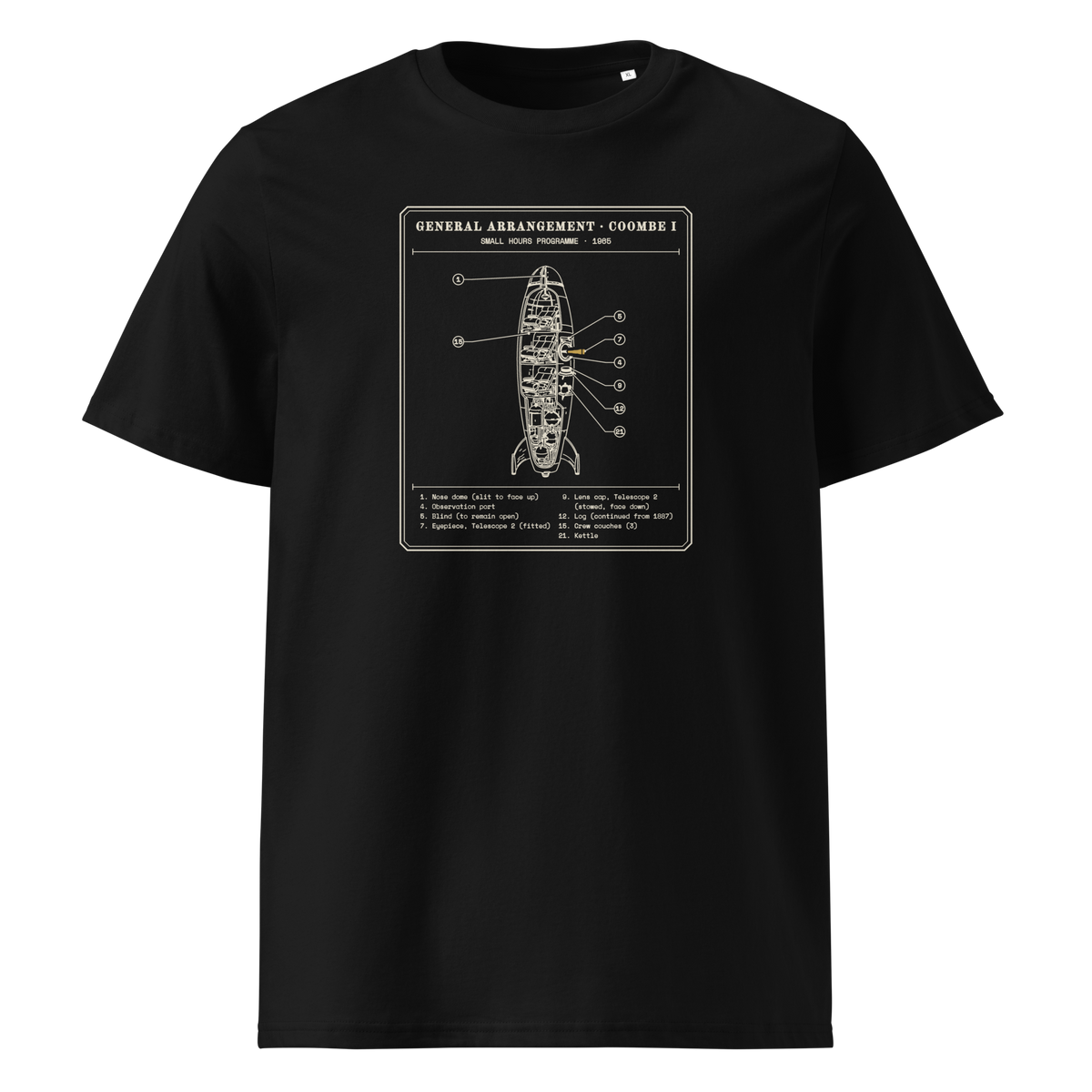 General Arrangement, Coombe I tee in Black, front view, the rocket cutaway and typed key at centre chest
