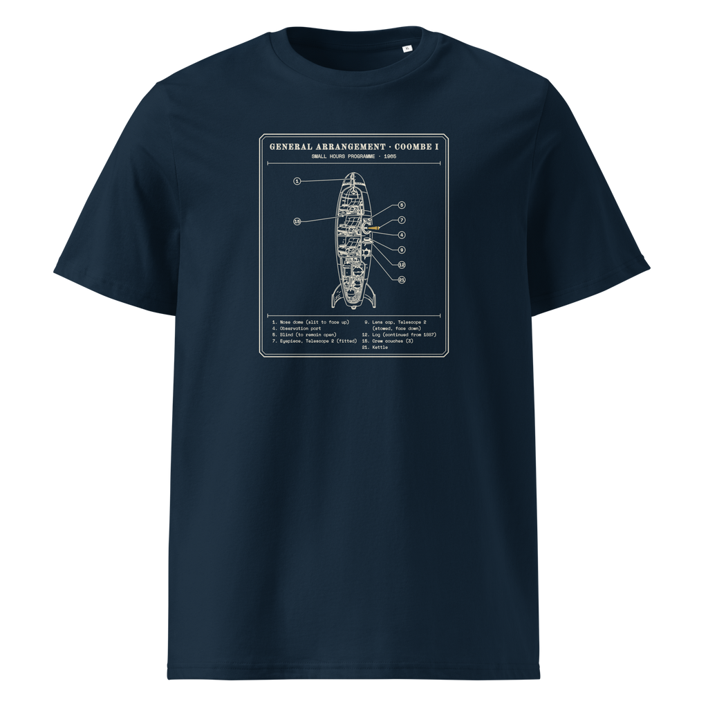 General Arrangement, Coombe I tee in French Navy, front view, the rocket cutaway and typed key at centre chest