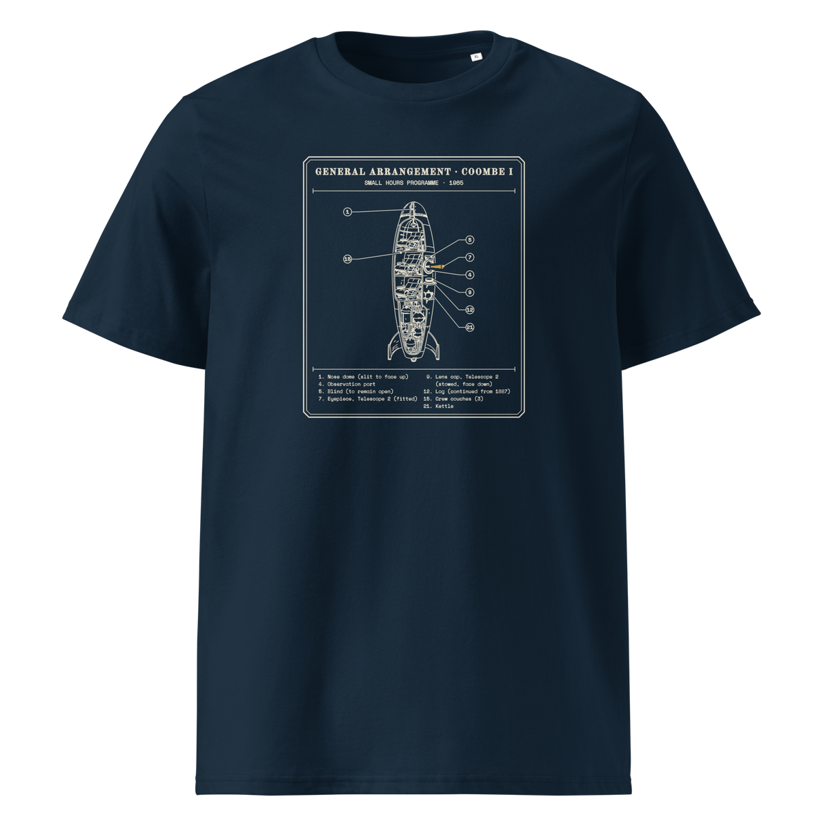 General Arrangement, Coombe I tee in French Navy, front view, the rocket cutaway and typed key at centre chest