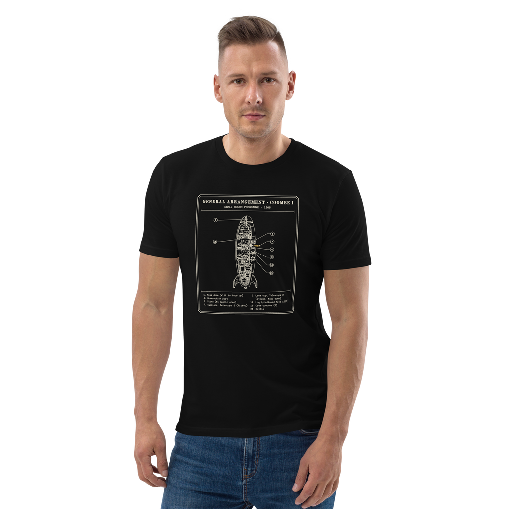Model wearing the General Arrangement, Coombe I tee in Black, the rocket cutaway and typed key at centre chest