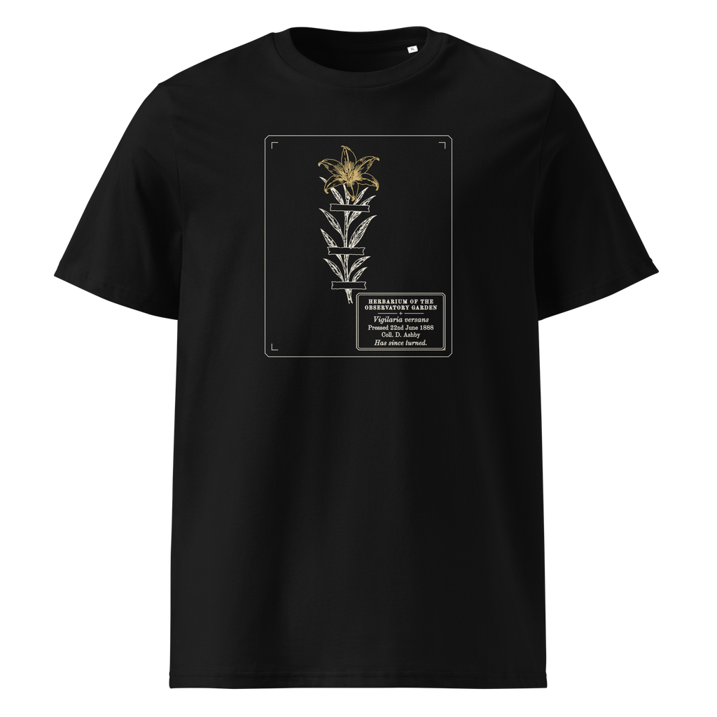 Pressed, Still Turning tee in Black, front view, the pressed flower and gold flower head at centre chest