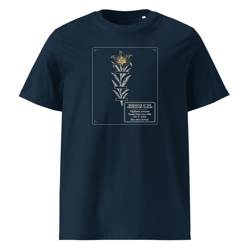 Pressed, Still Turning tee in French Navy, front view, the pressed flower and gold flower head at centre chest