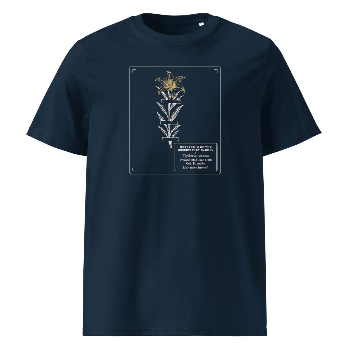 Pressed, Still Turning tee in French Navy, front view, the pressed flower and gold flower head at centre chest
