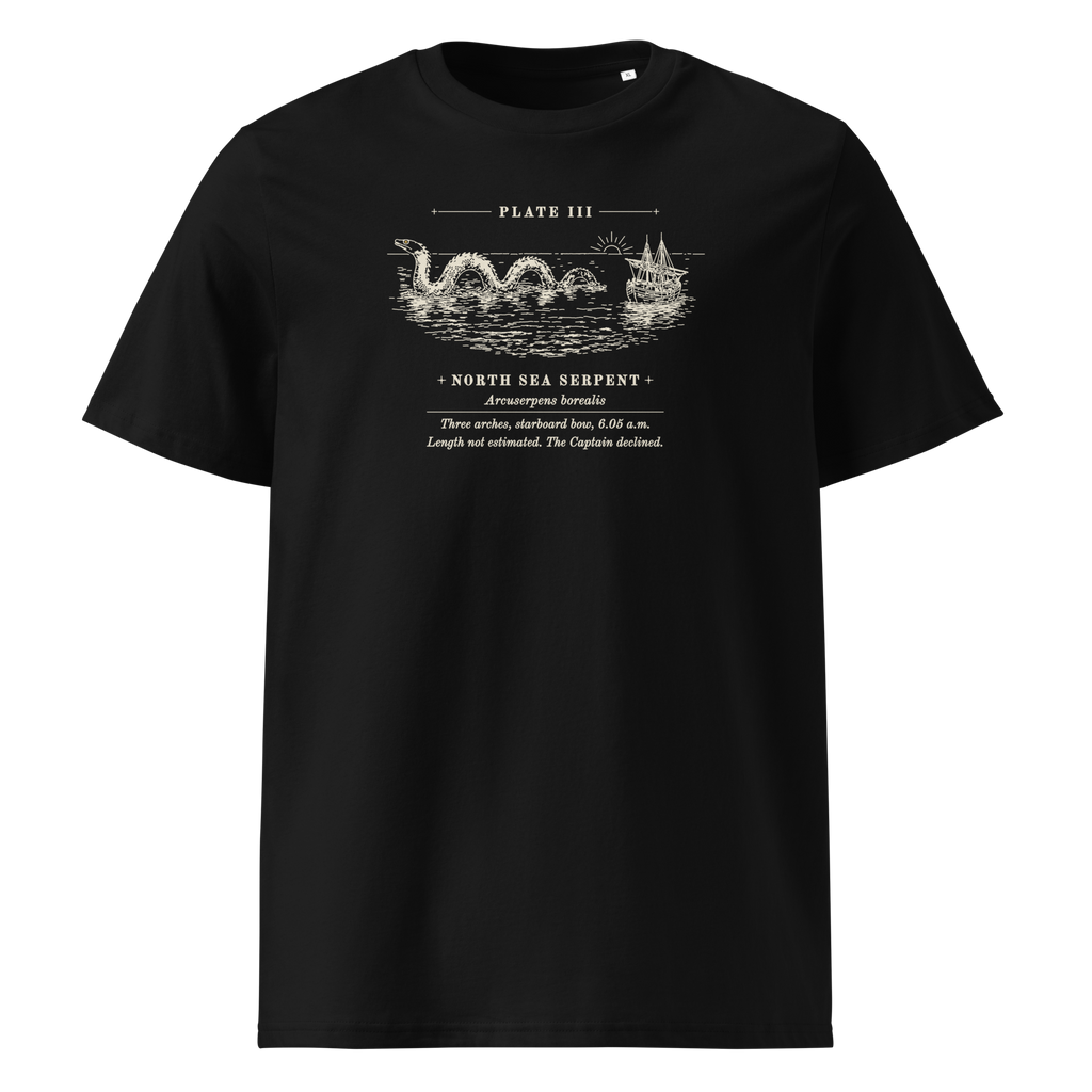 Three Arches, Starboard Bow tee in Black, front view, the engraved sea serpent and ship at centre chest