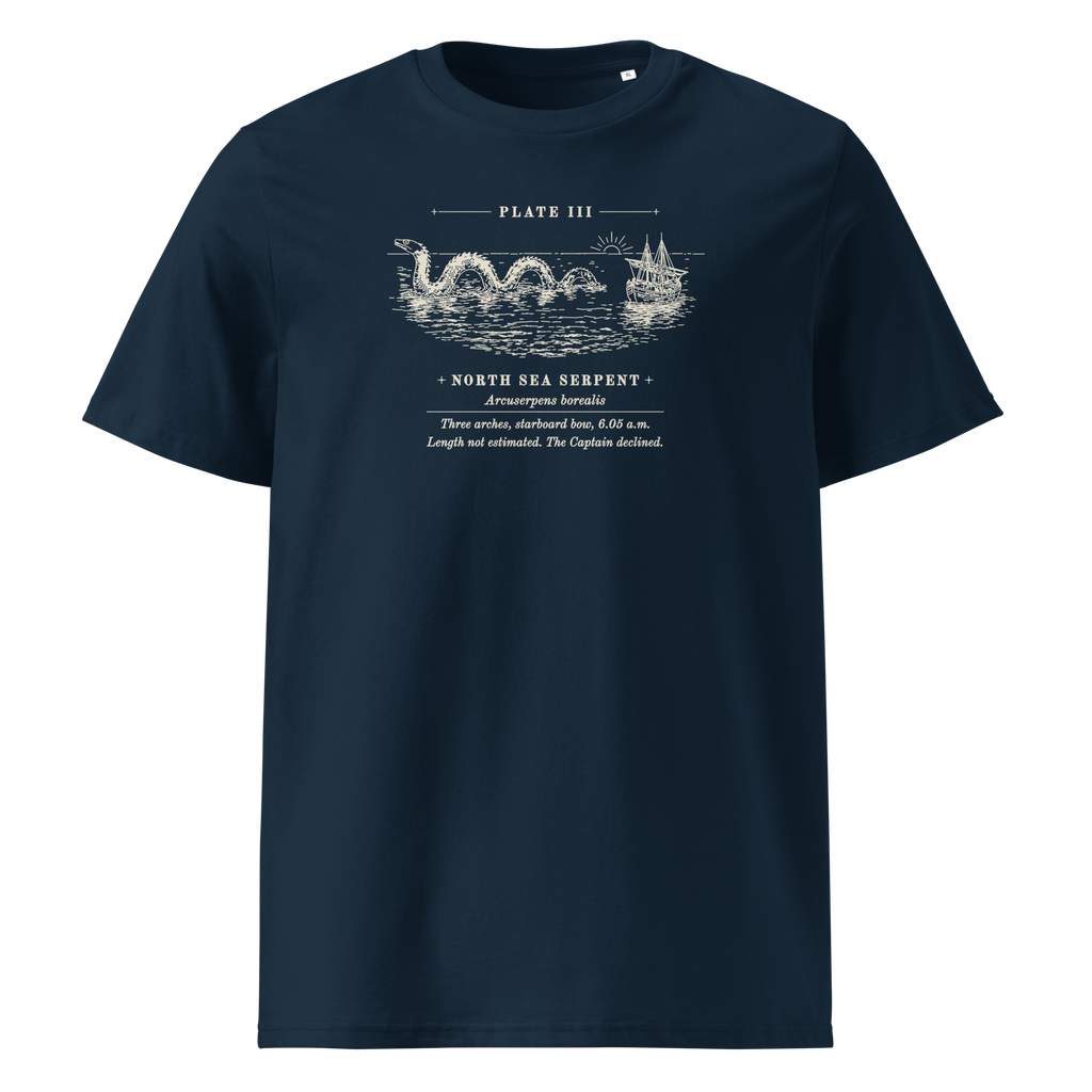 Three Arches, Starboard Bow tee in French Navy, front view, the engraved sea serpent and ship at centre chest