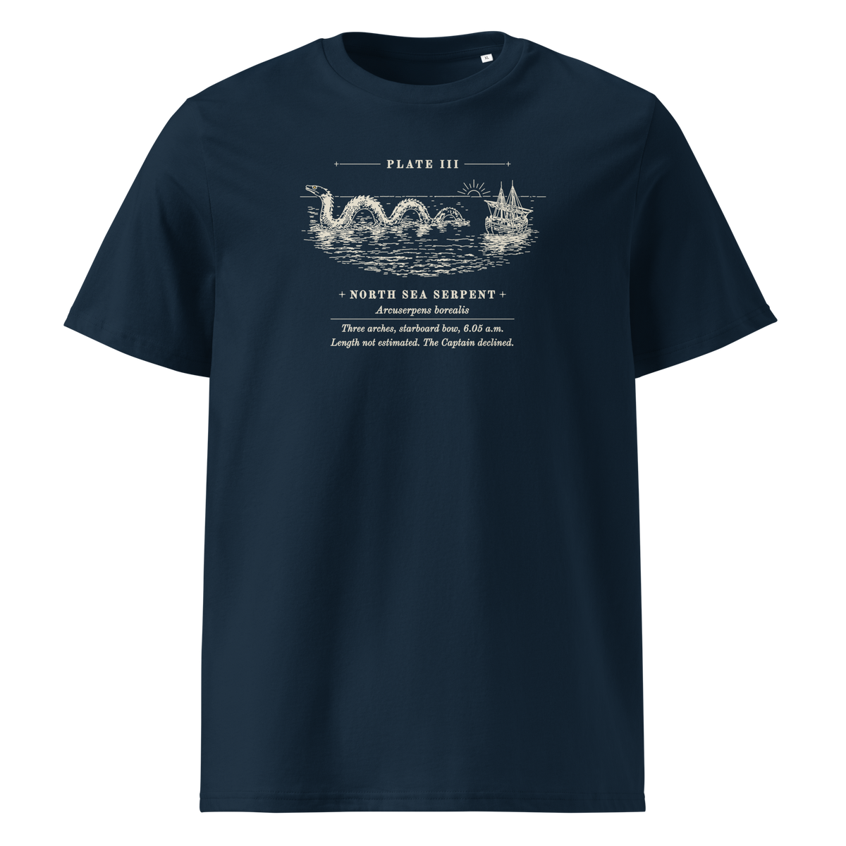 Three Arches, Starboard Bow tee in French Navy, front view, the engraved sea serpent and ship at centre chest