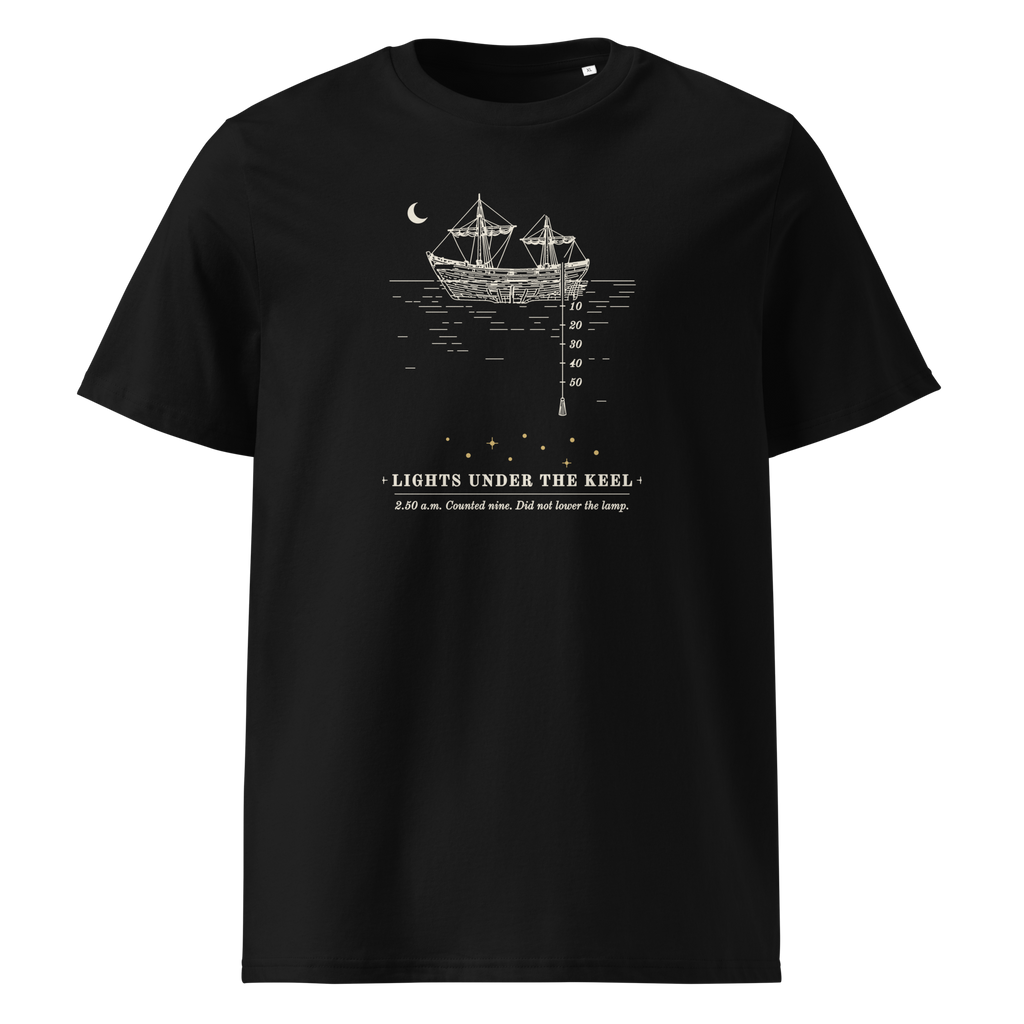 Lights Under the Keel tee in Black, front view, the ship, lead line and nine gold lights at centre chest
