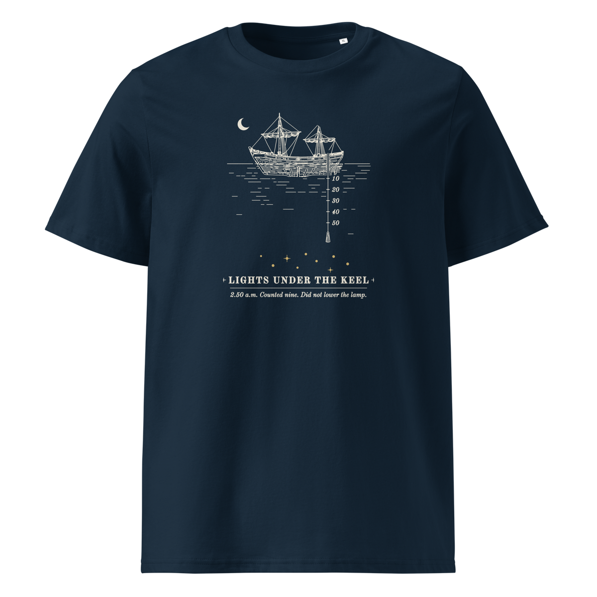 Lights Under the Keel tee in French Navy, front view, the ship, lead line and nine gold lights at centre chest
