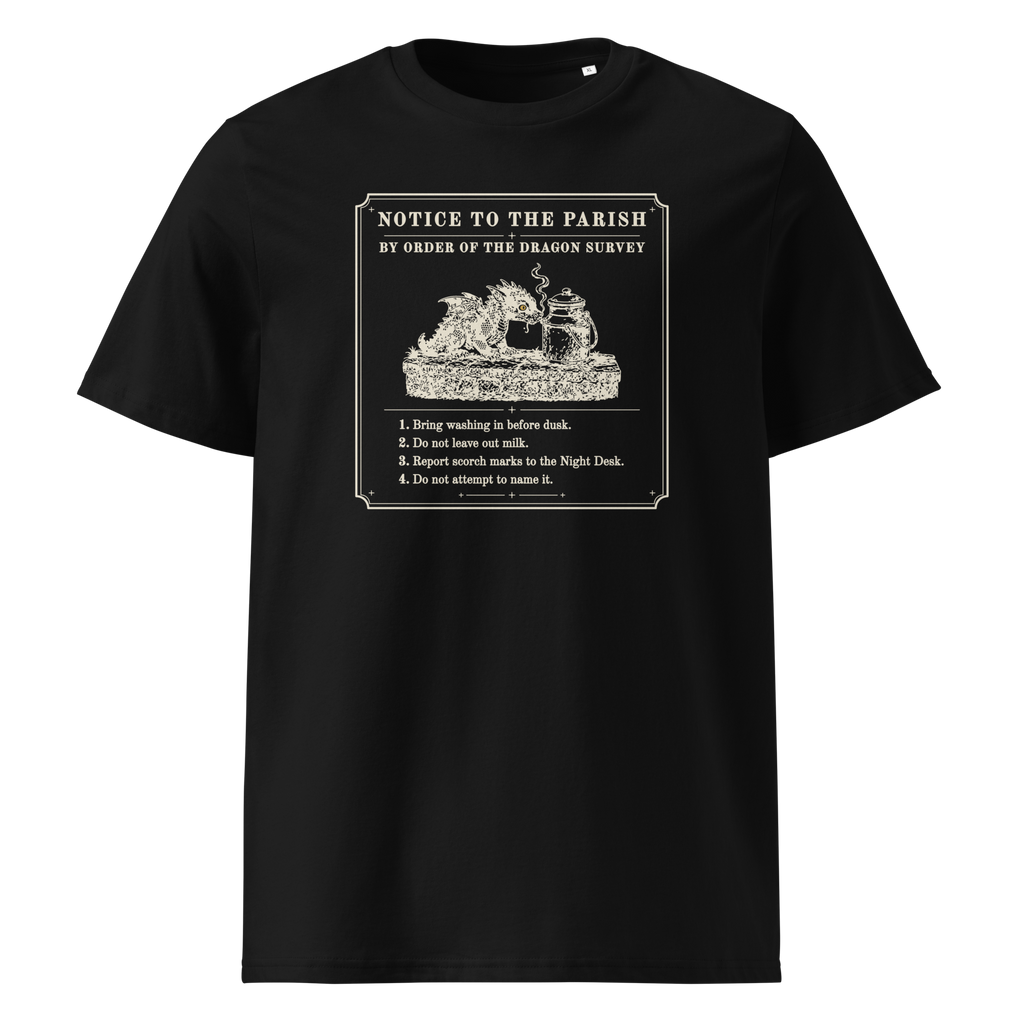 Notice to the Parish tee in Black, front view, woodcut dragon notice with four numbered rules at centre chest