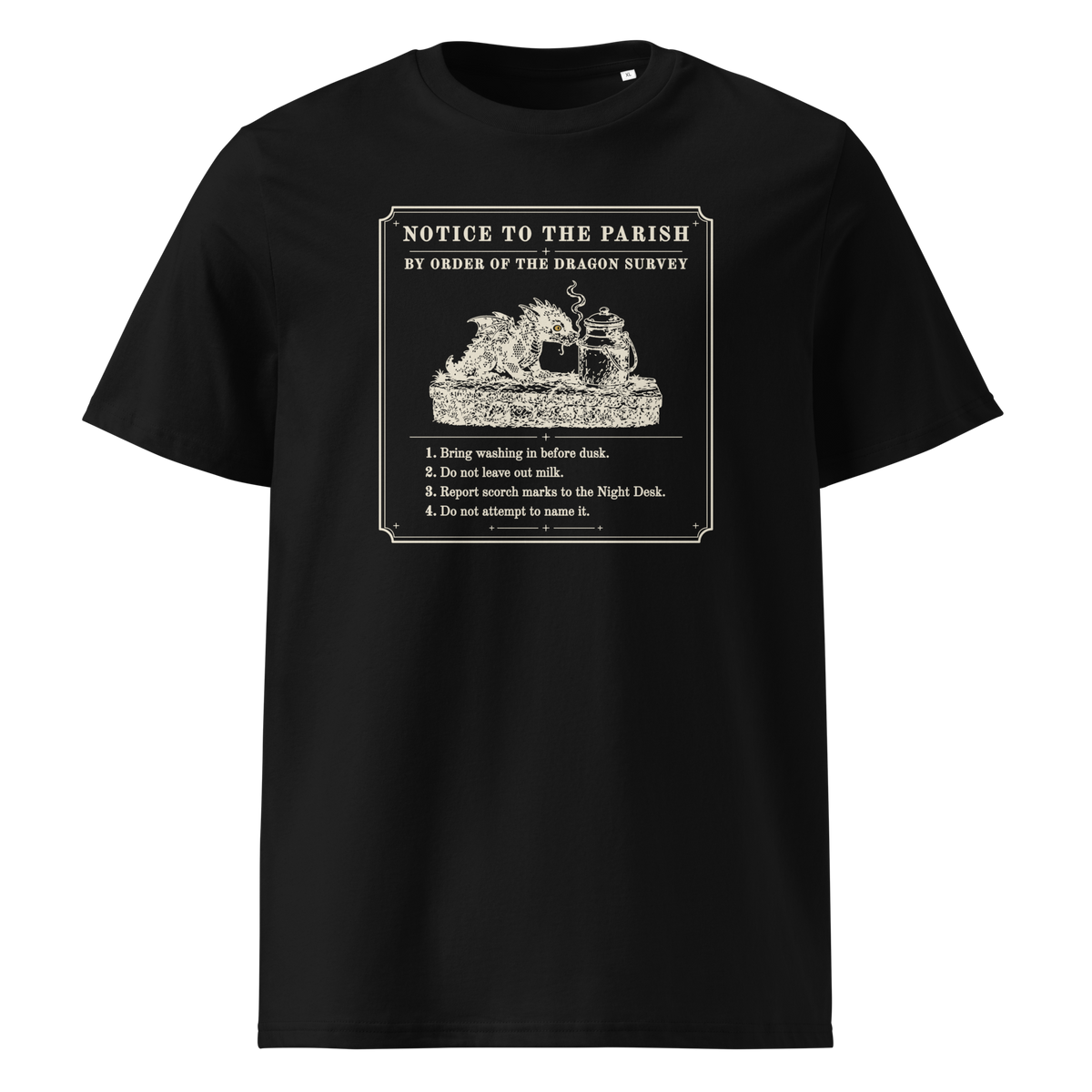 Notice to the Parish tee in Black, front view, woodcut dragon notice with four numbered rules at centre chest