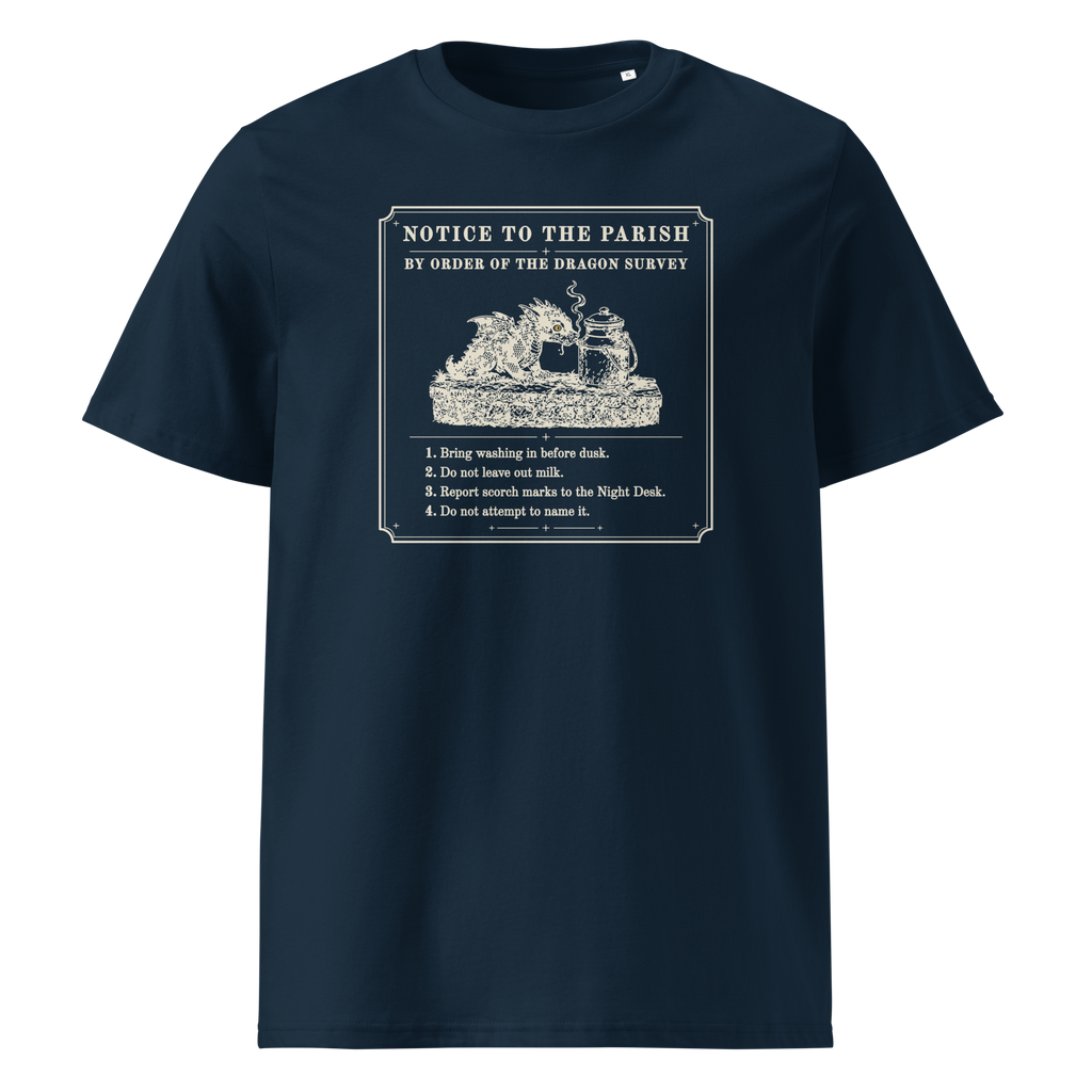 Notice to the Parish tee in French Navy, front view, woodcut dragon notice with four numbered rules at centre chest