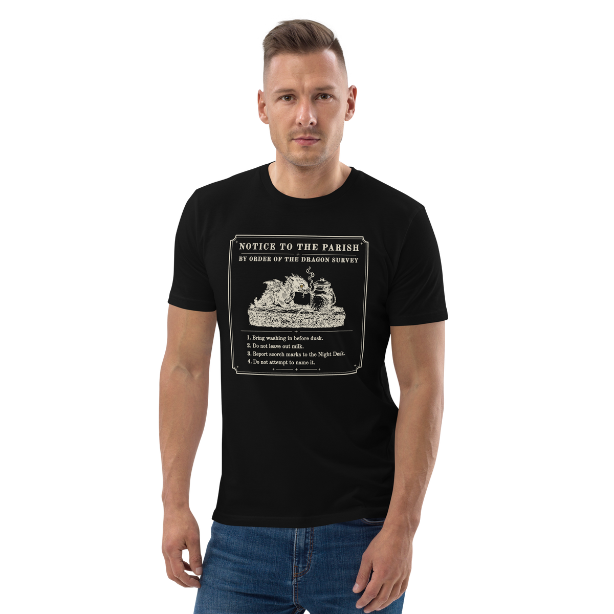 Model wearing the Notice to the Parish tee in Black, woodcut dragon notice with four numbered rules at centre chest