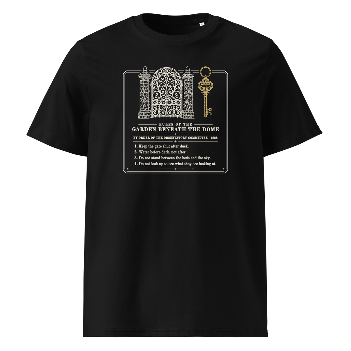 Rules of the Garden Beneath the Dome tee in Black, front view, the gate, gold key and four rules at centre chest