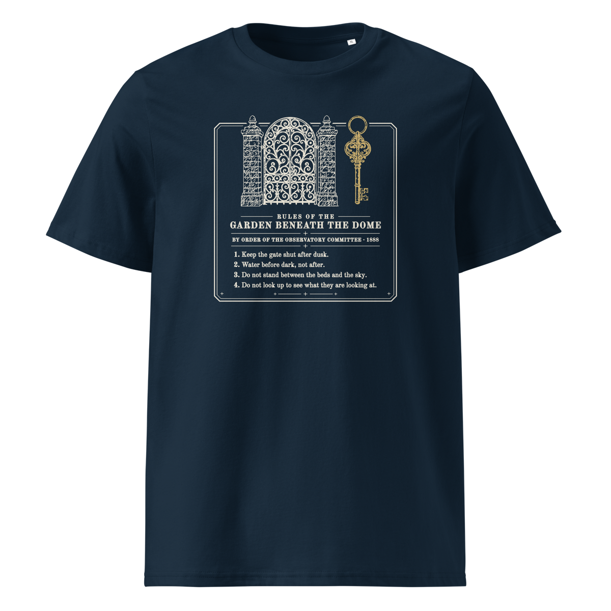 Rules of the Garden Beneath the Dome tee in French Navy, front view, the gate, gold key and four rules at centre chest