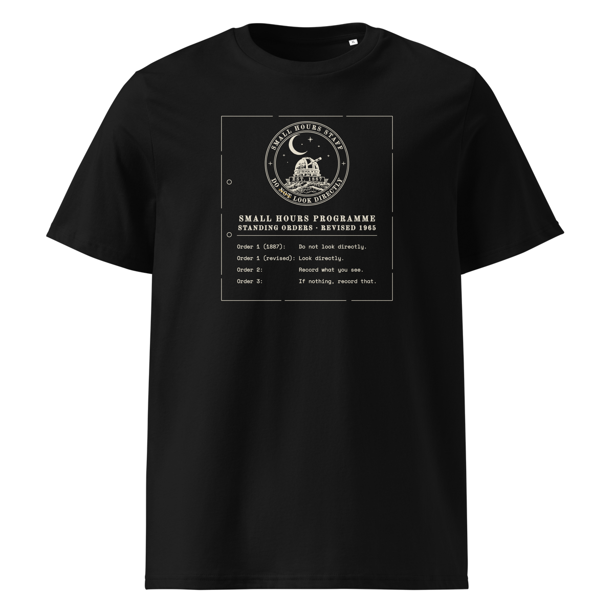 Standing Orders, Revised tee in Black, front view, the typed memo and crest at centre chest