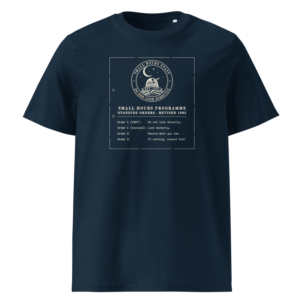 Standing Orders, Revised tee in French Navy, front view, the typed memo and crest at centre chest