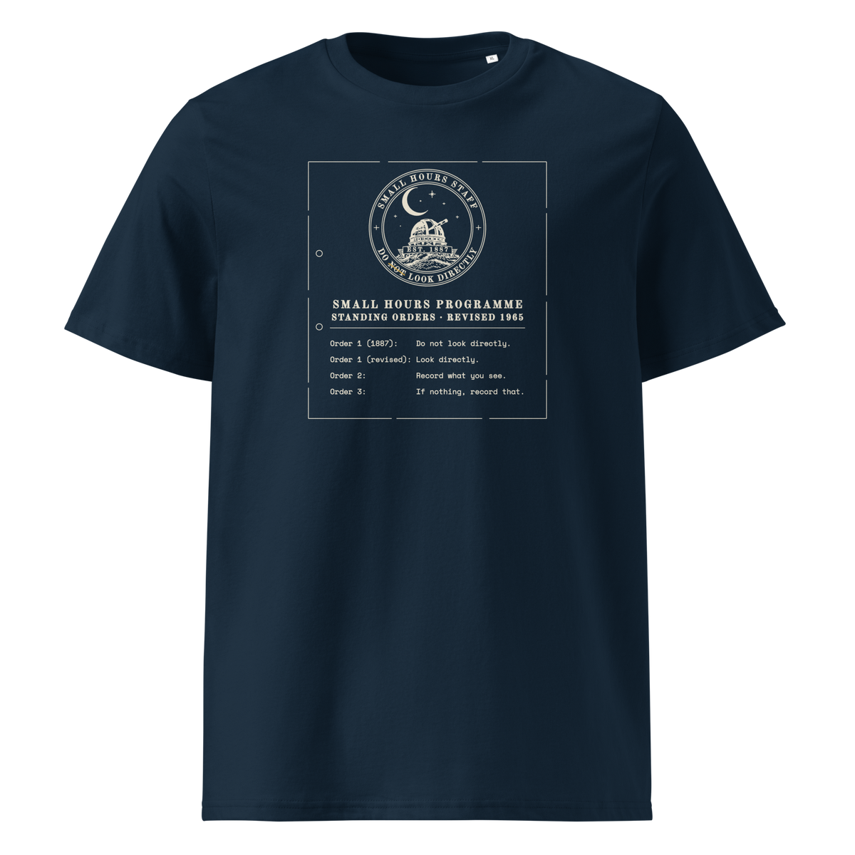 Standing Orders, Revised tee in French Navy, front view, the typed memo and crest at centre chest