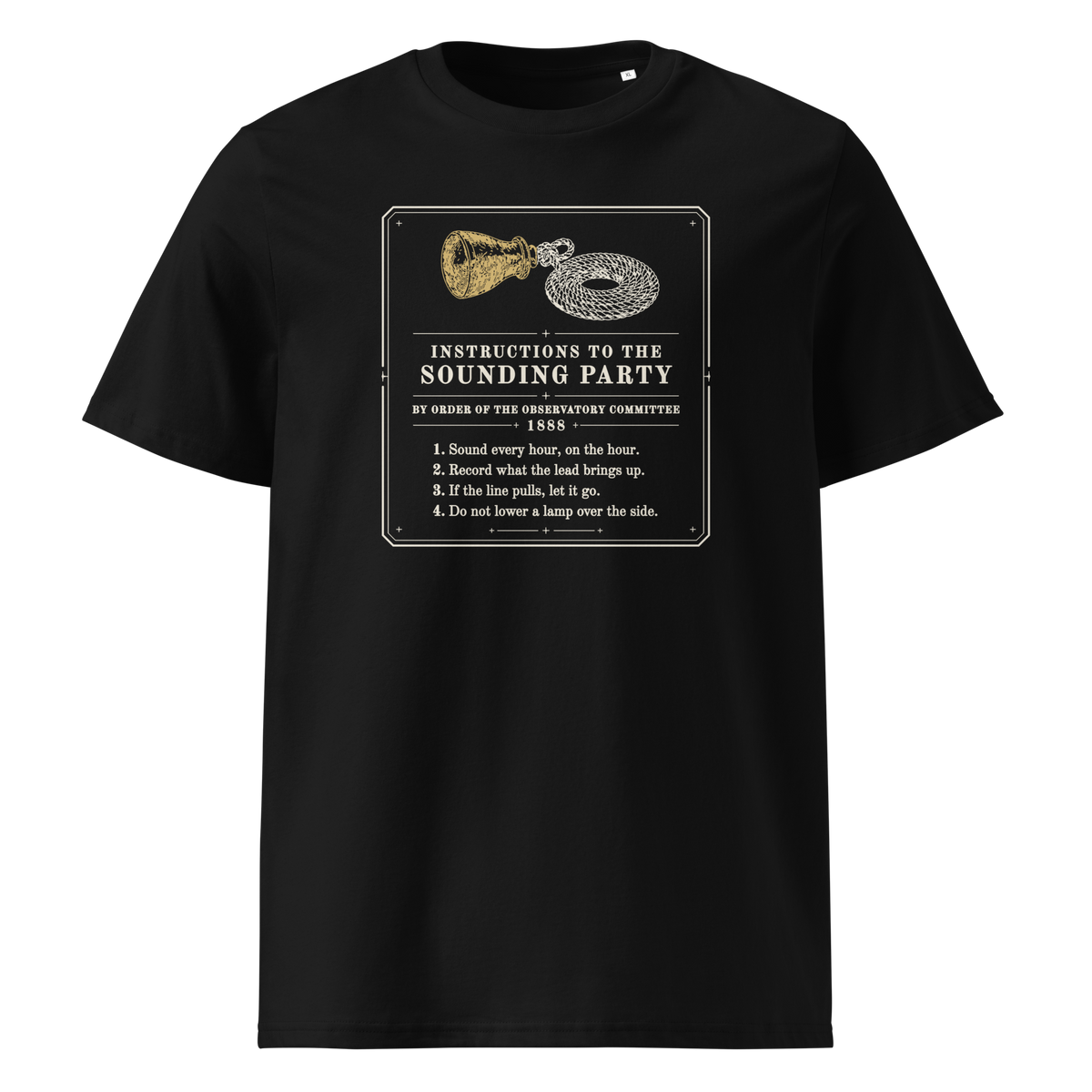 Instructions to the Sounding Party tee in Black, front view, the notice and gold sounding lead at centre chest