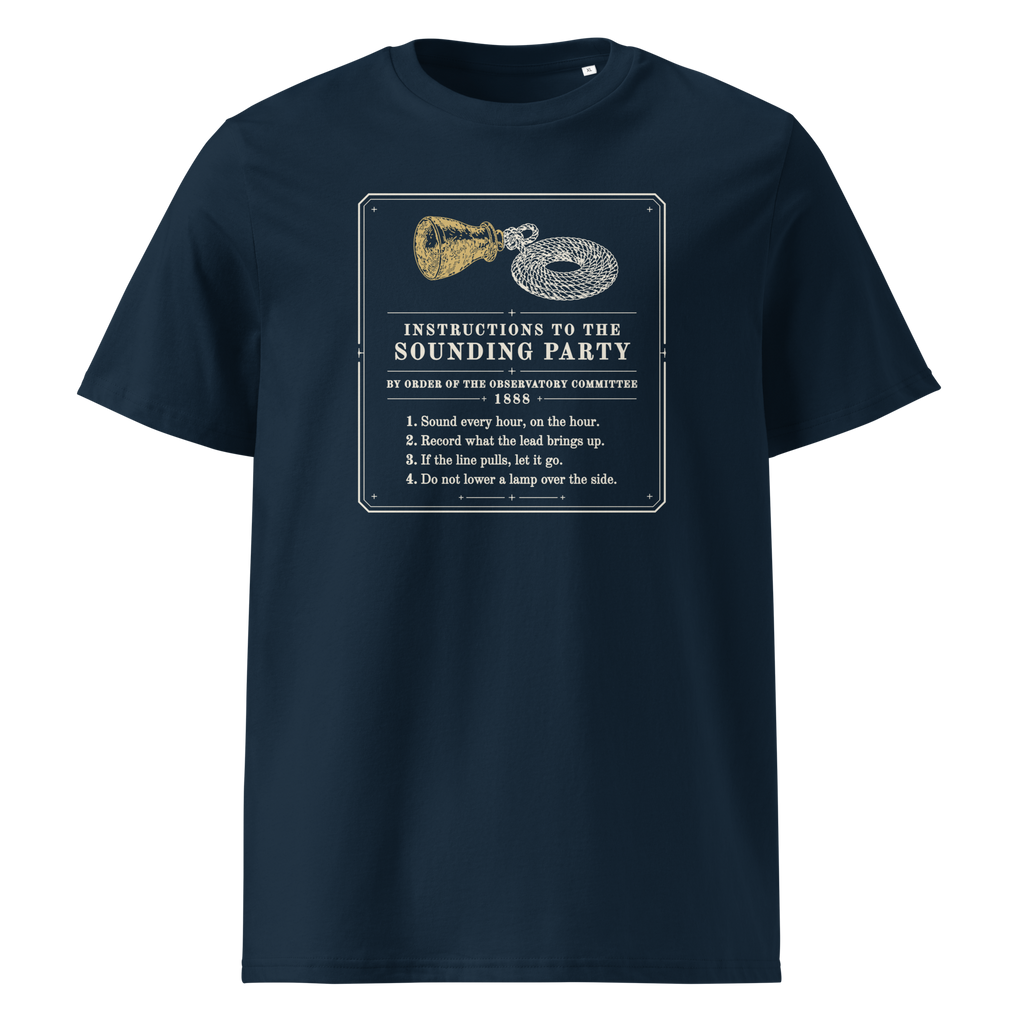 Instructions to the Sounding Party tee in French Navy, front view, the notice and gold sounding lead at centre chest