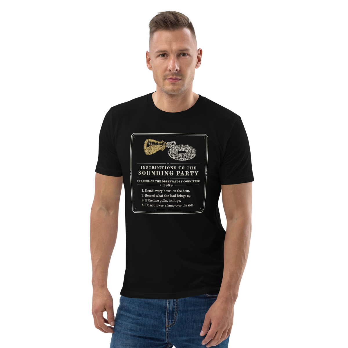 Model wearing the Instructions to the Sounding Party tee in Black, the notice and gold sounding lead at centre chest