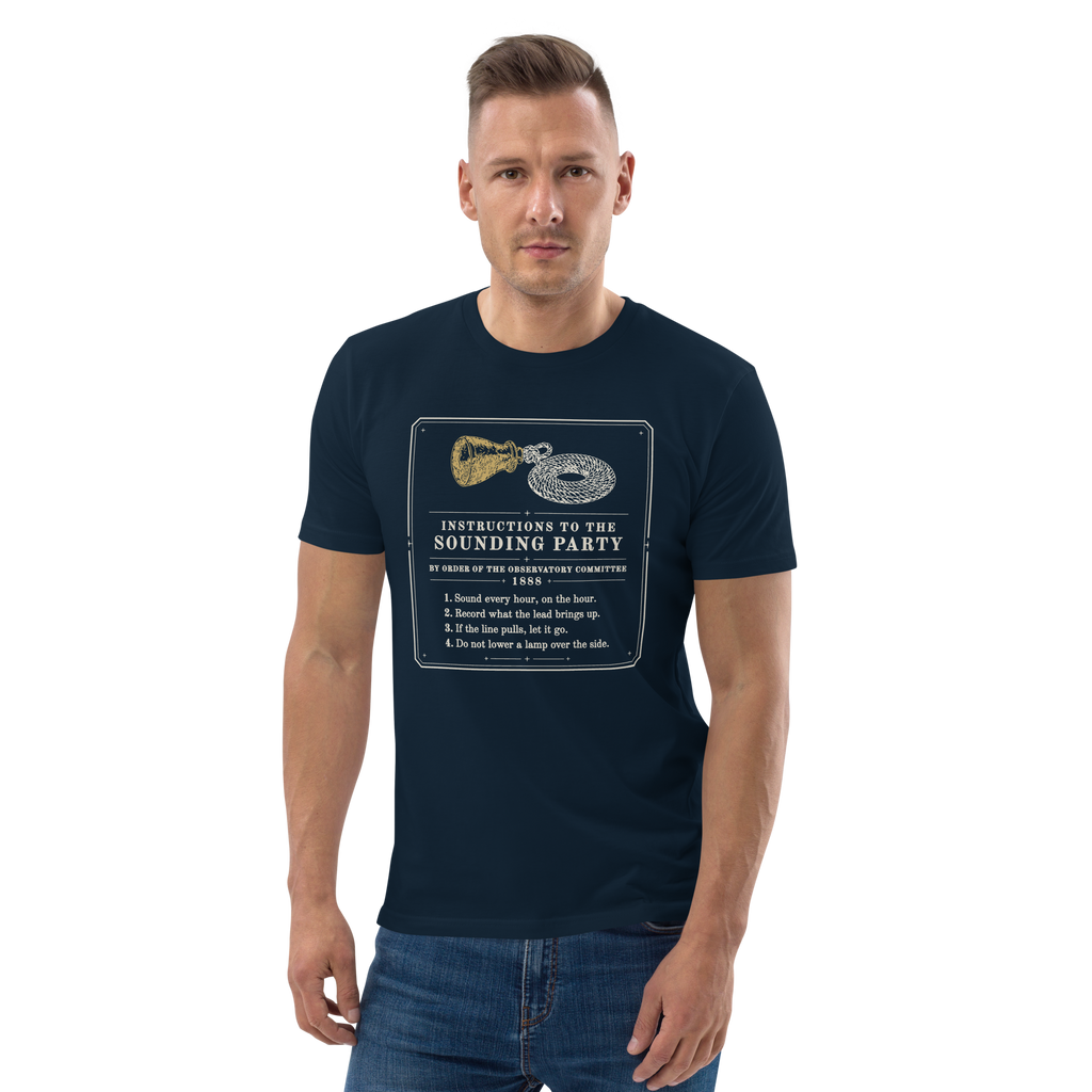 Model wearing the Instructions to the Sounding Party tee in French Navy, the notice and gold sounding lead at centre chest