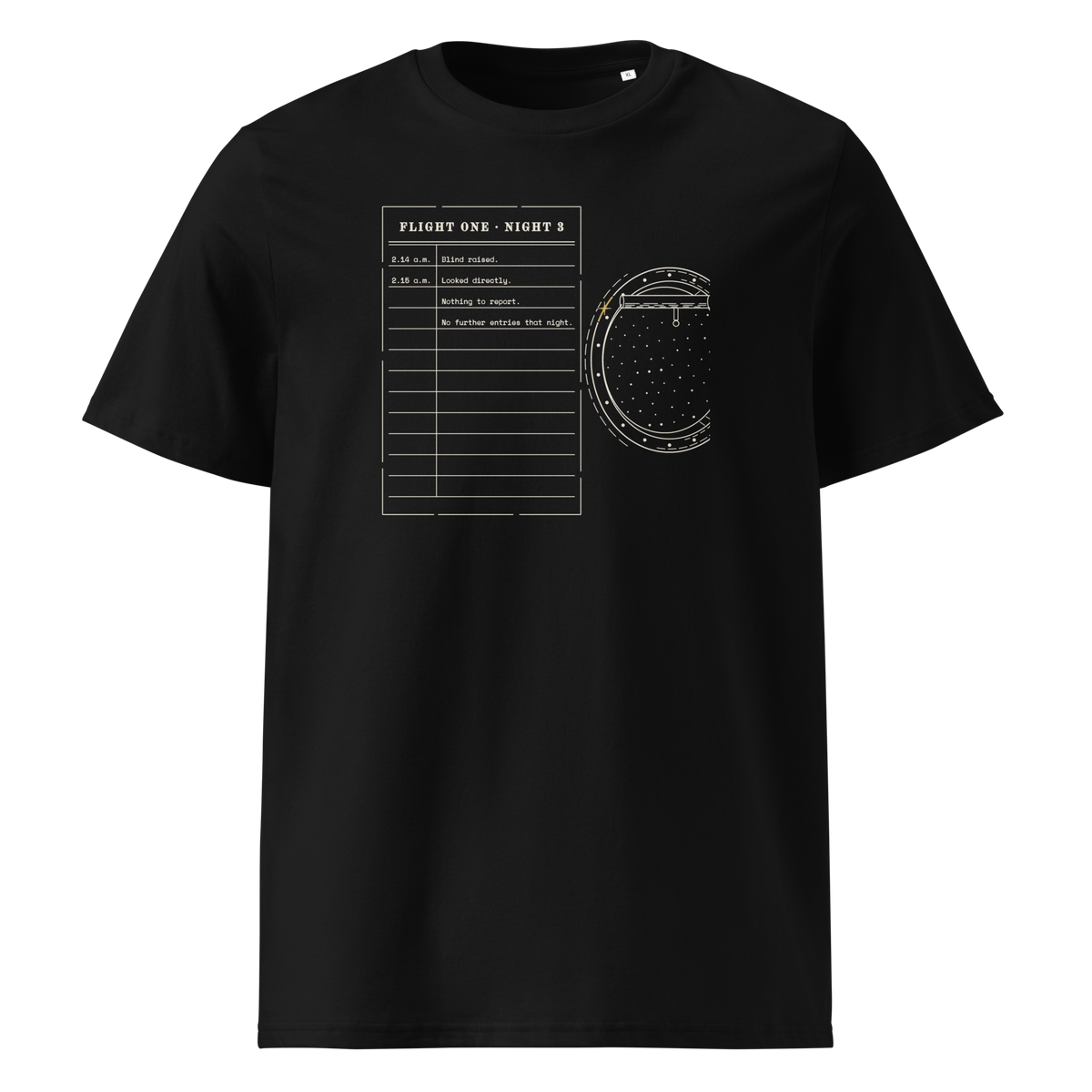 Looked Directly tee in Black, front view, the flight log and cut-off porthole at centre chest