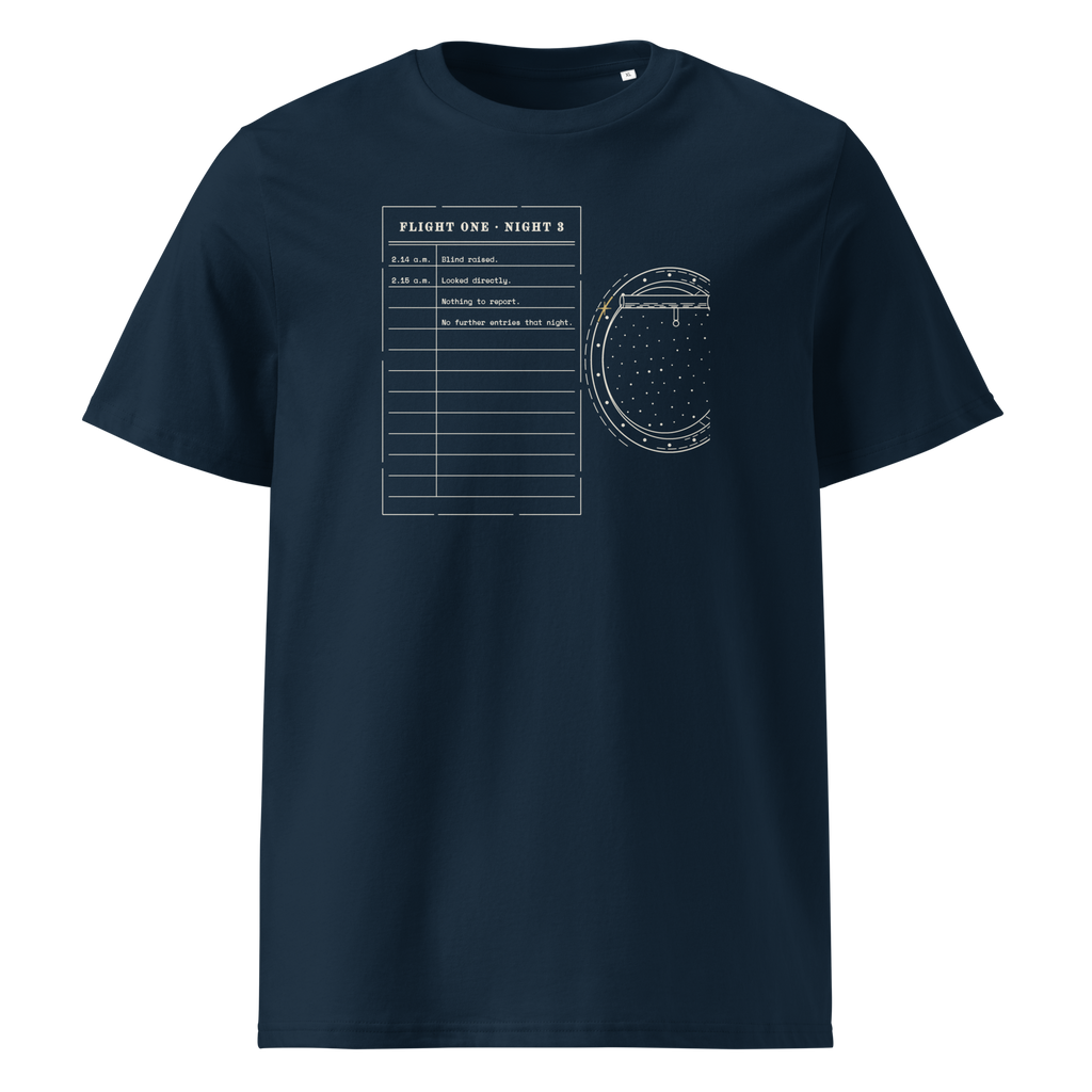 Looked Directly tee in French Navy, front view, the flight log and cut-off porthole at centre chest