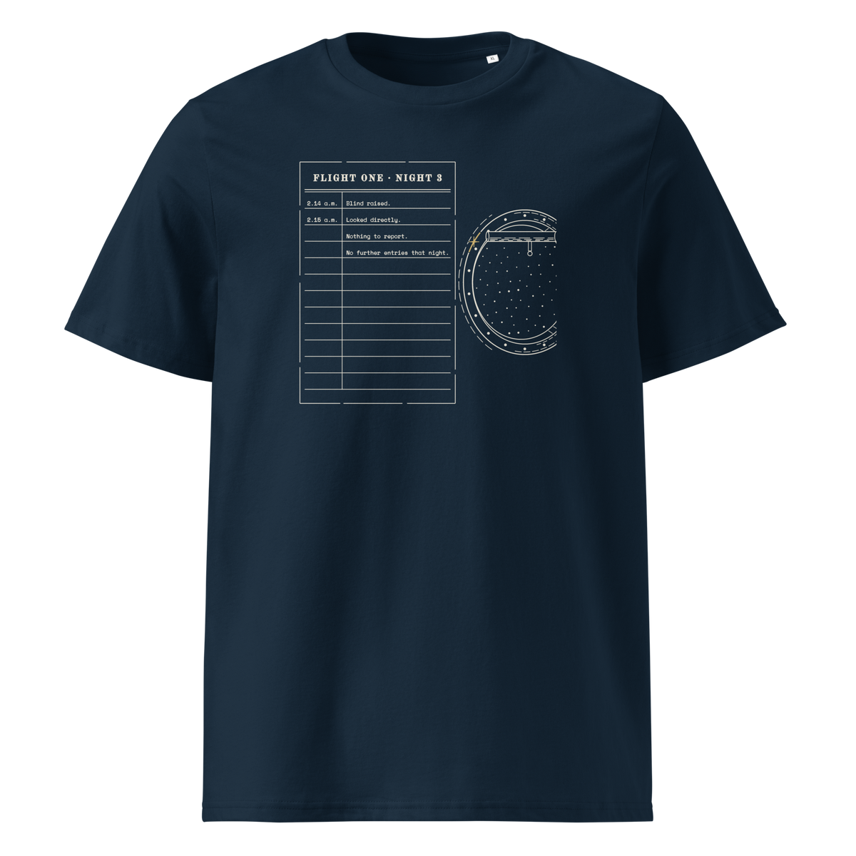 Looked Directly tee in French Navy, front view, the flight log and cut-off porthole at centre chest