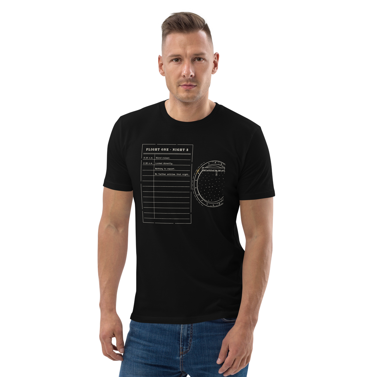 Model wearing the Looked Directly tee in Black, the flight log and cut-off porthole at centre chest