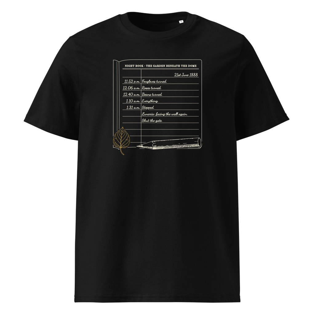 Night Book, Midsummer 1888 tee in Black, front view, the notebook page and gold leaf at centre chest